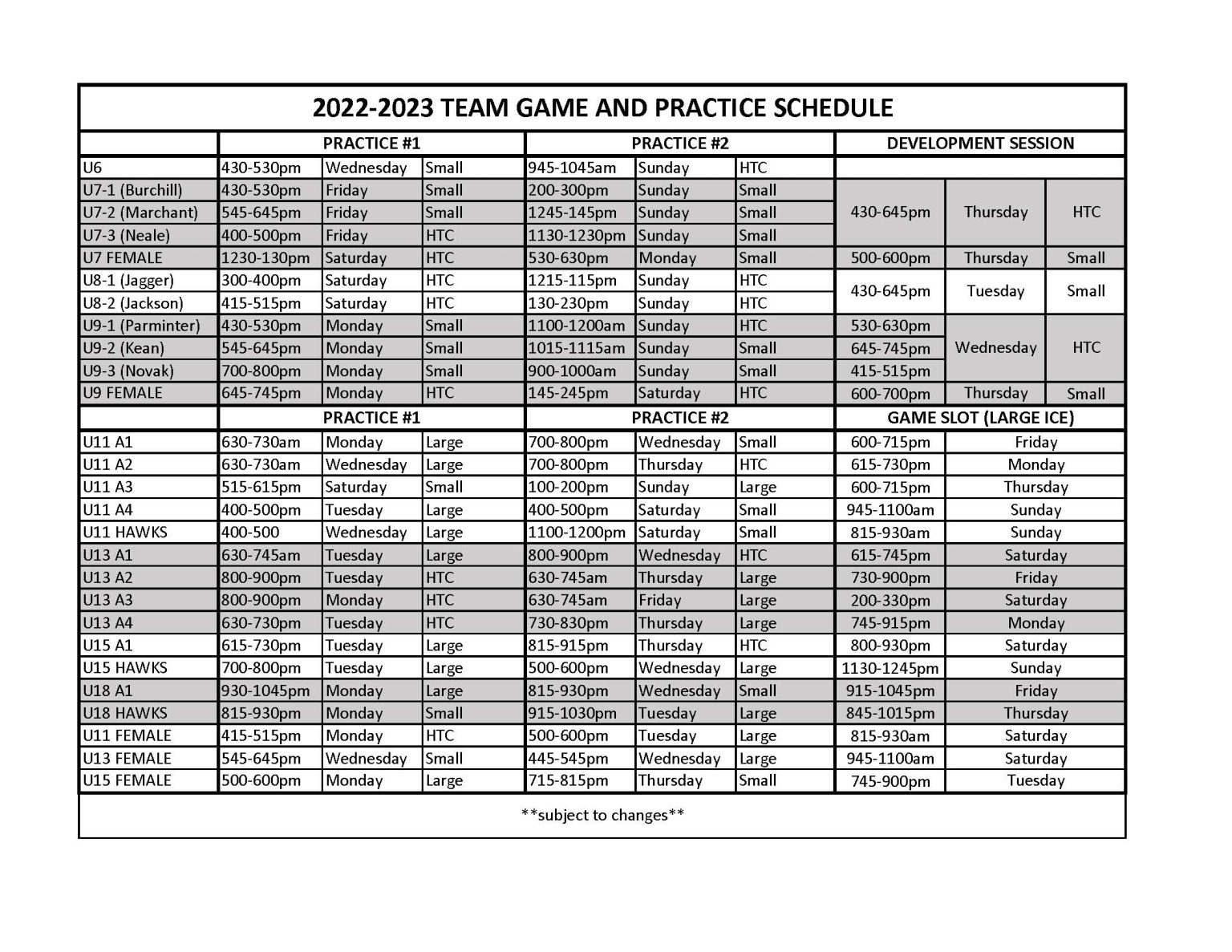 2022-2023 Team Game & Practice Schedule - North Shore Winter Club