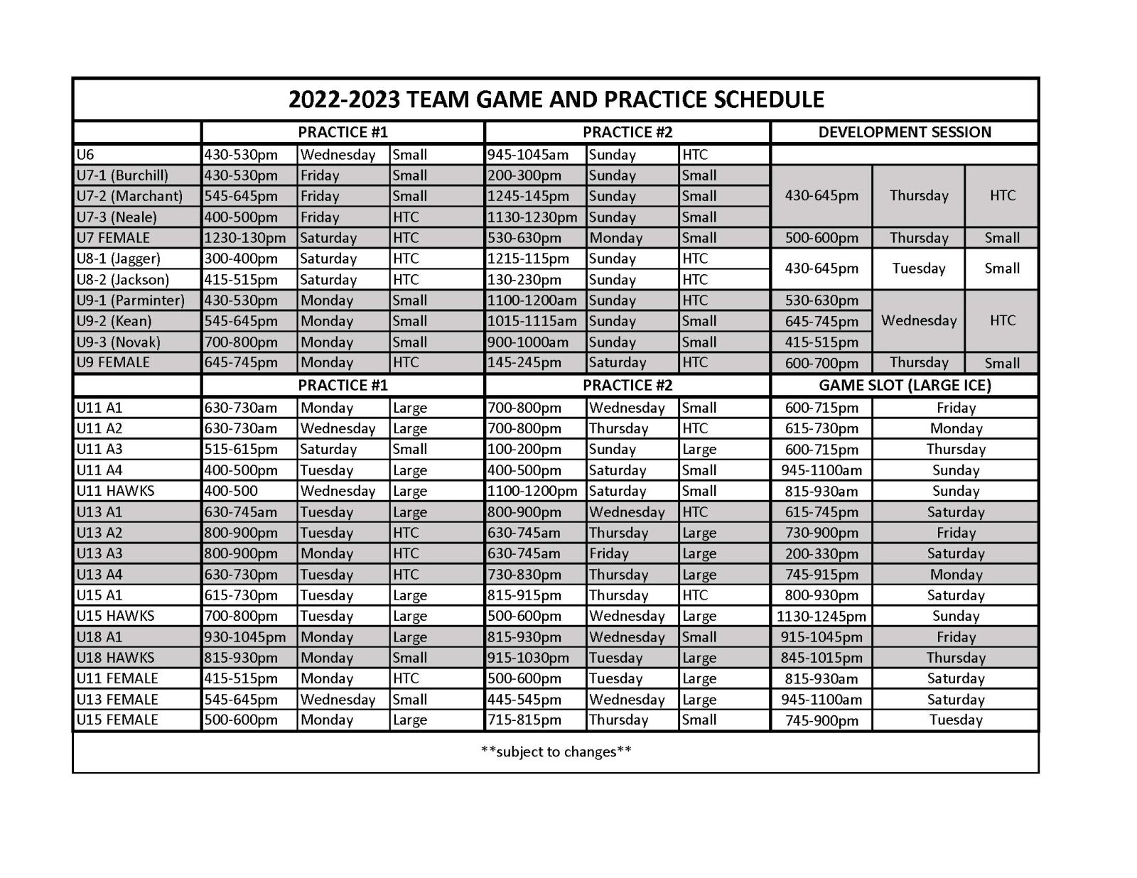 20222023 Team Game & Practice Schedule North Shore Winter Club